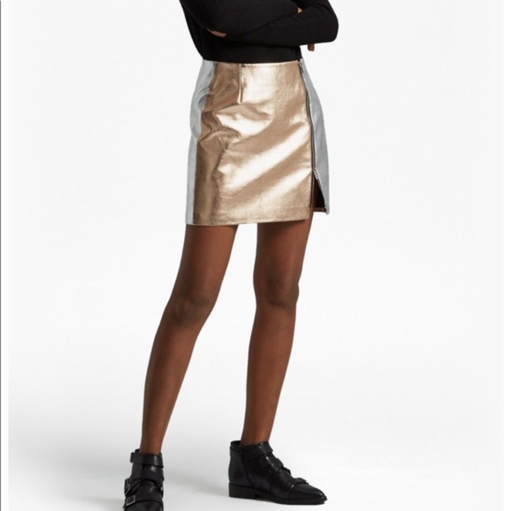 French Connection Metallic Exposed Zipper Mini Skirt Silver Rose Gold Sz 6